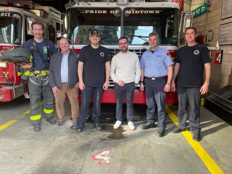 Cathaoirleach Cllr Jack Murry and Director of Emergency Services Garry Martin with crew members of Engine 54, Ladder 4, Battalion 9, Midtown Manhattan